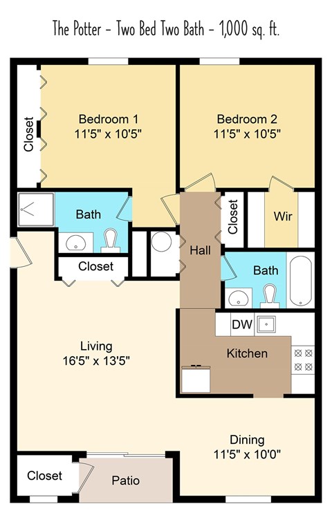 A floor plan of a 1,000 square foot two bedroom two bath home.
